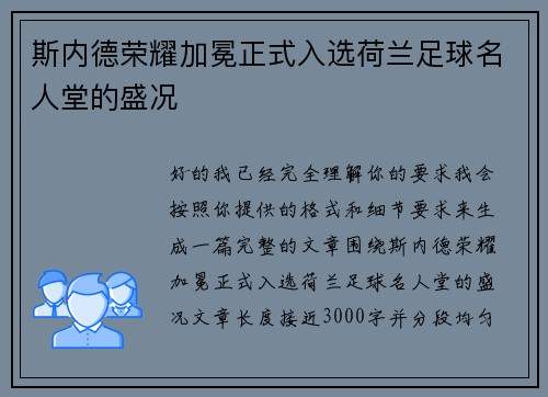 斯内德荣耀加冕正式入选荷兰足球名人堂的盛况 斯内德荣耀加冕正式入选荷兰足球名人堂的盛况